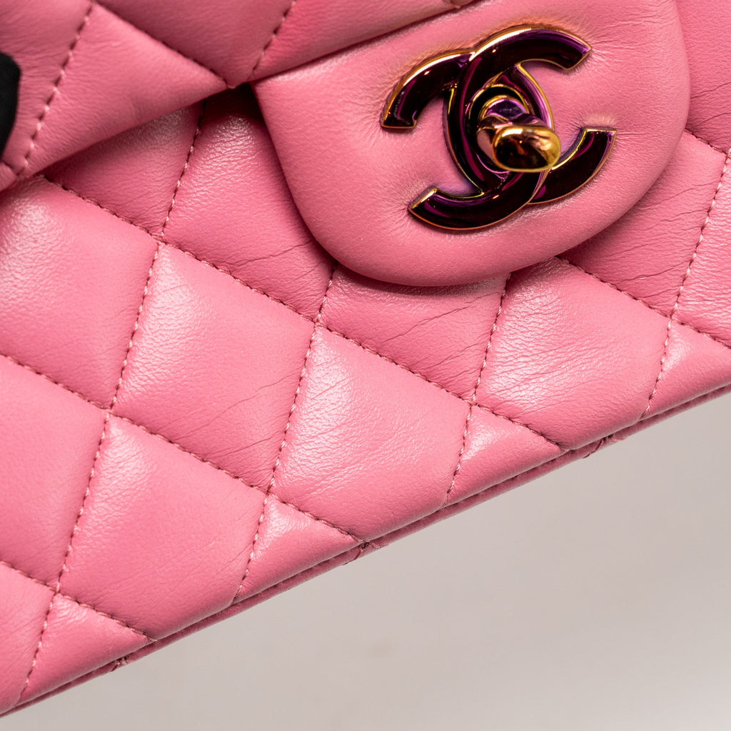 Chanel small classic double flap bag lambskin pink/yellow with iridescent pink hardware