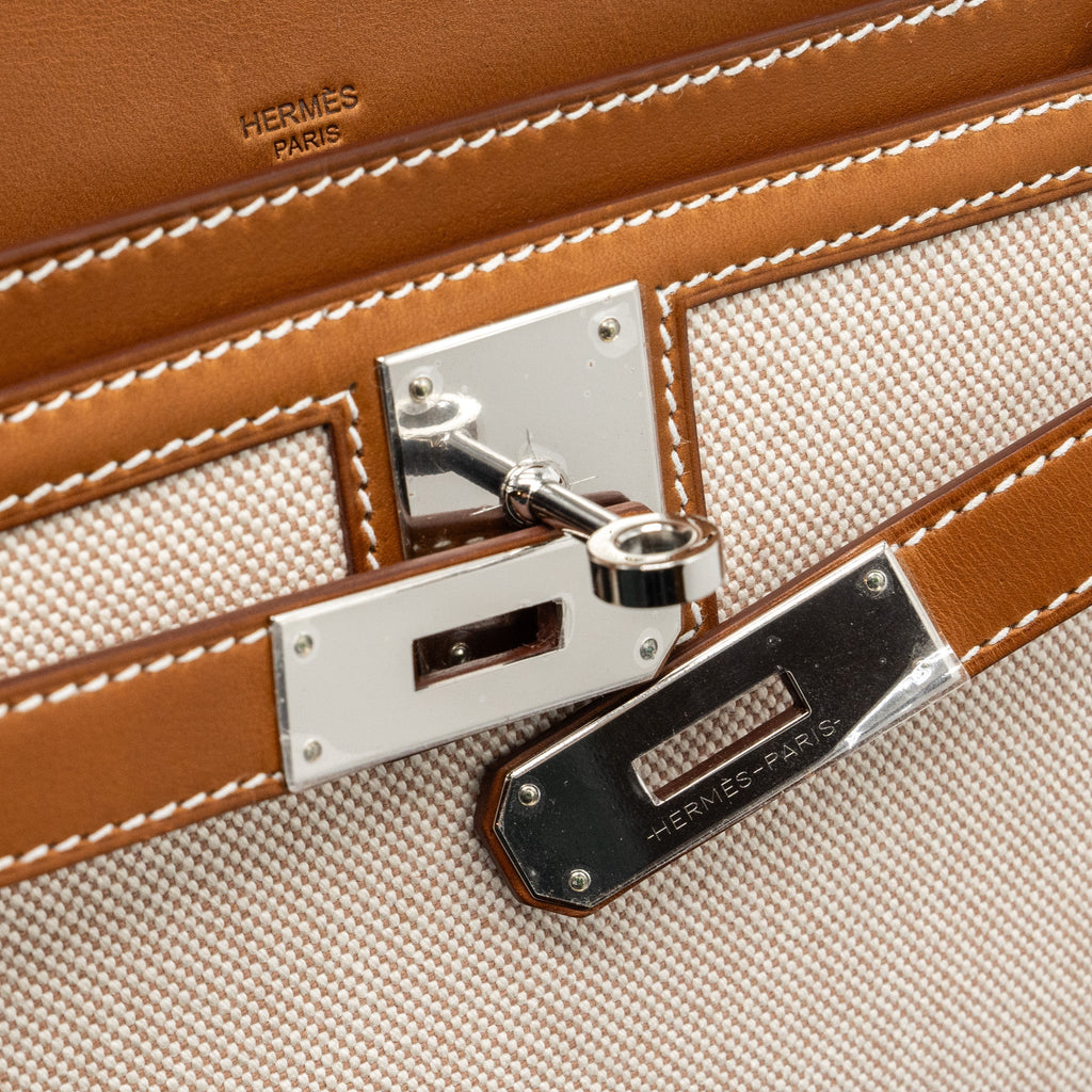 Hermes pochette kelly depeches 25 canvas / barenia ecru beige / fauve SHW