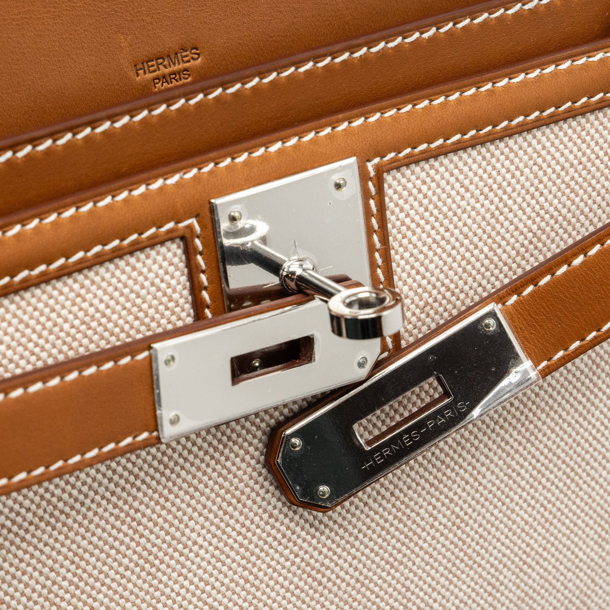 Hermes pochette kelly depeches 25 canvas / barenia ecru beige / fauve SHW