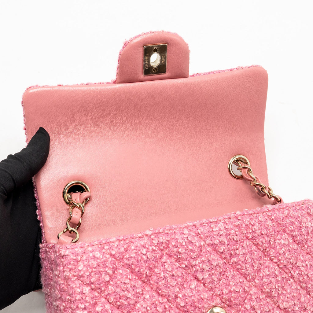 Chanel classic mini rectangular flap bag tweed pink LGHW (microchip)
