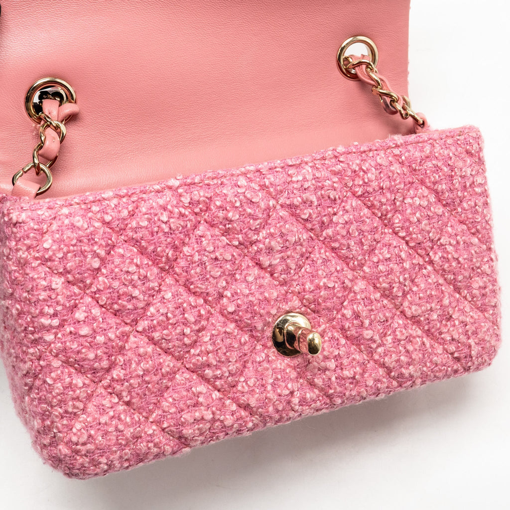 Chanel classic mini rectangular flap bag tweed pink LGHW (microchip)
