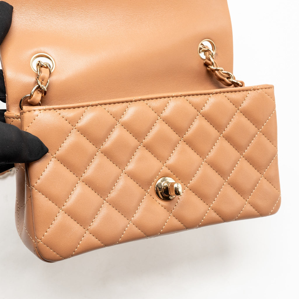 Chanel classic mini rectangular flap bag lambskin dark beige LGHW
