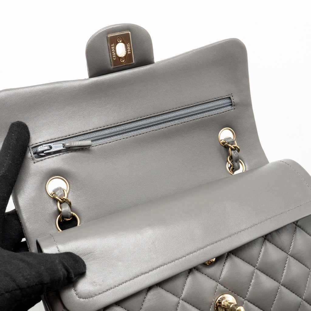 CHANEL SMALL CLASSIC DOUBLE FLAP BAG LAMBSKIN GREY LGHW (MICROCHIP)