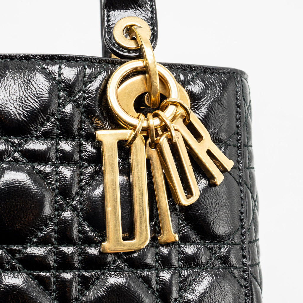 Dior small lady dior crinkled patent calfskin black ruthenium gold hardware