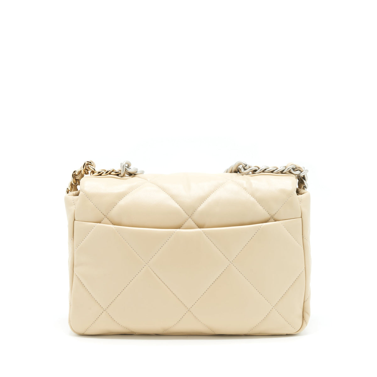 CHANEL MEDIUM 19 BAG QUILTED GOATSKIN LEATHER LIGHT BEIGE GOLD/SILVER HARDWARE (MICROCHIP)