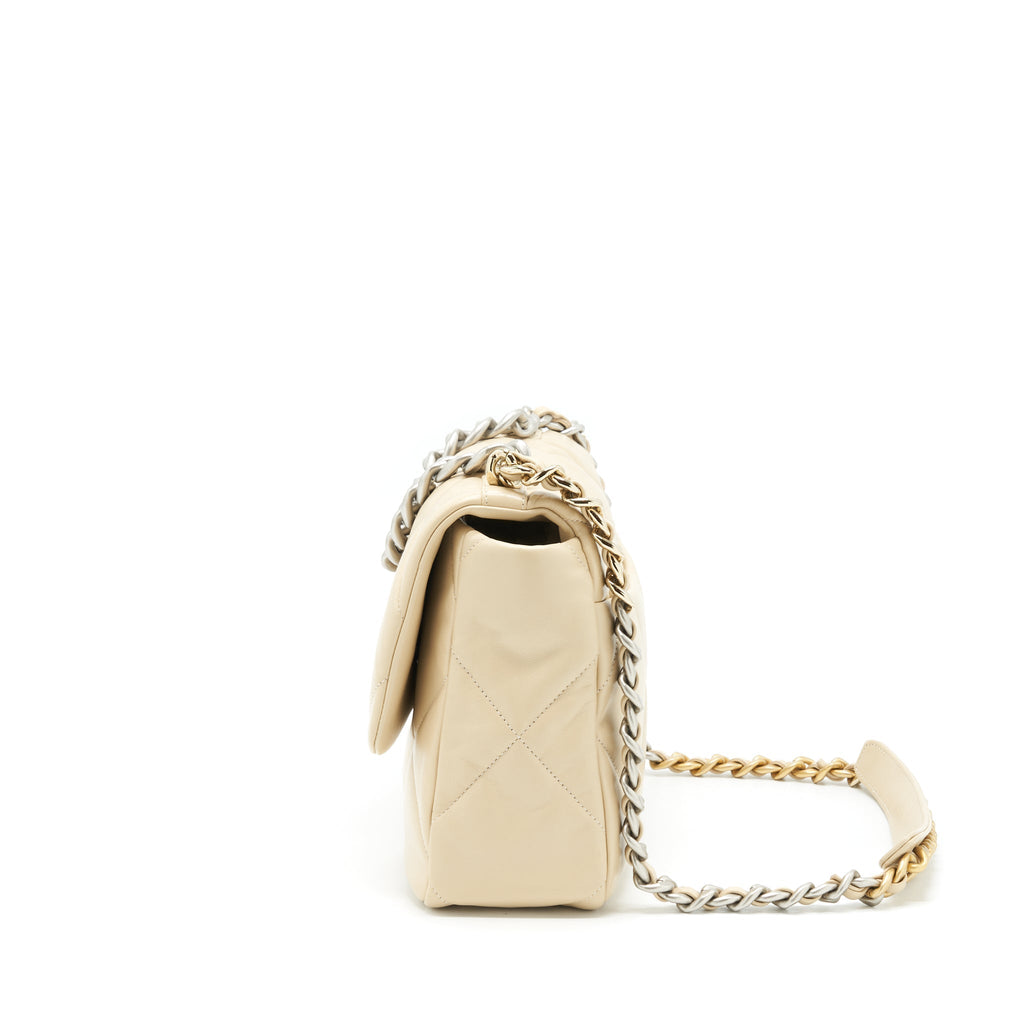 CHANEL MEDIUM 19 BAG QUILTED GOATSKIN LEATHER LIGHT BEIGE GOLD/SILVER HARDWARE (MICROCHIP)