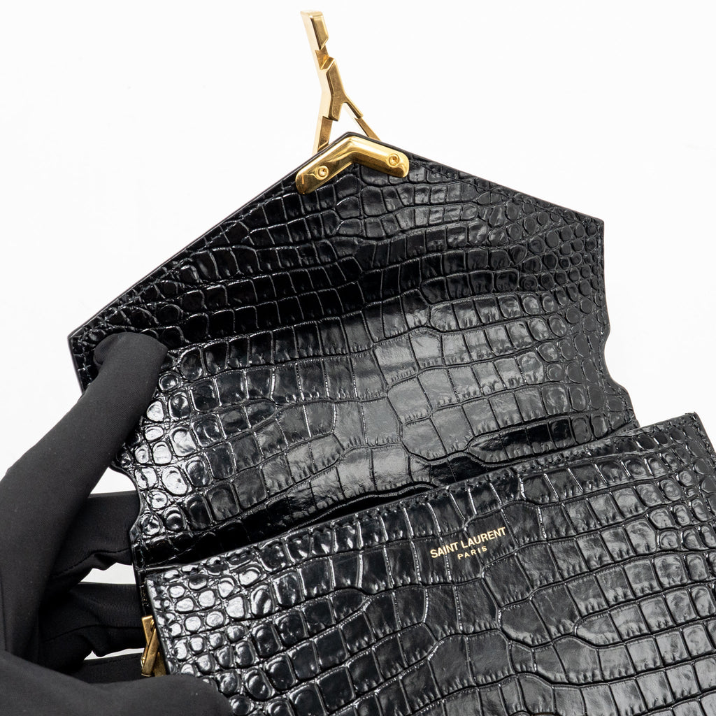 Saint Laurent/YSL Mini Cassandra Top Handle Bag Croc-Embossed Calfskin Black GHW