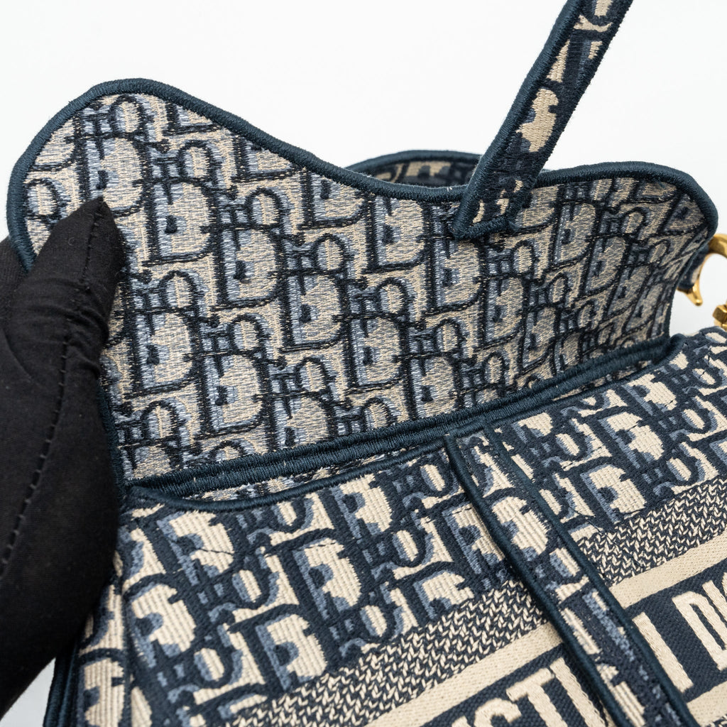 DIOR MEDIUM SADDLE BLUE OBLIQUE EMBROIDERY GHW