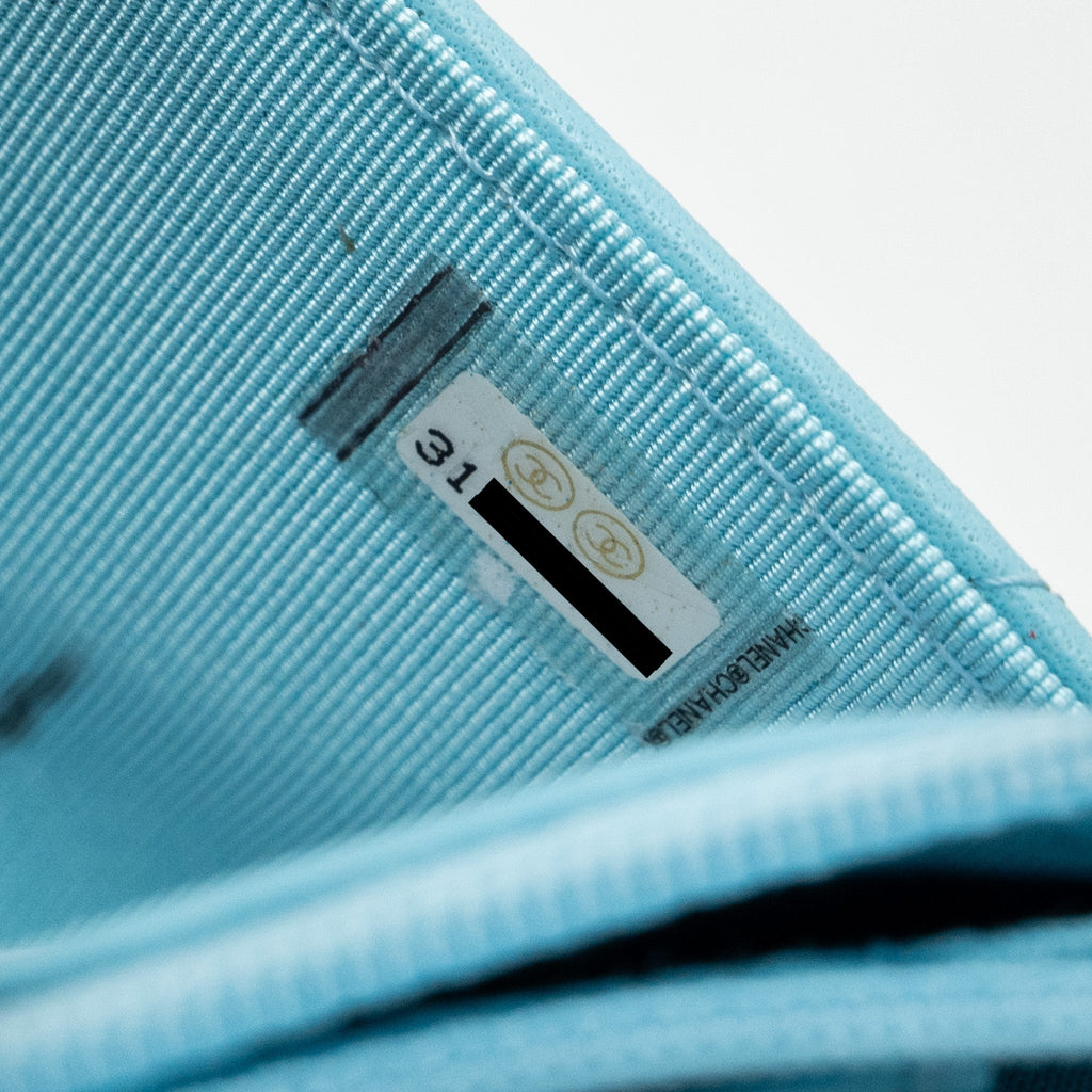 CHANEL CLASSIC WALLET ON CHAIN LAMBSKIN LIGHT BLUE SHW