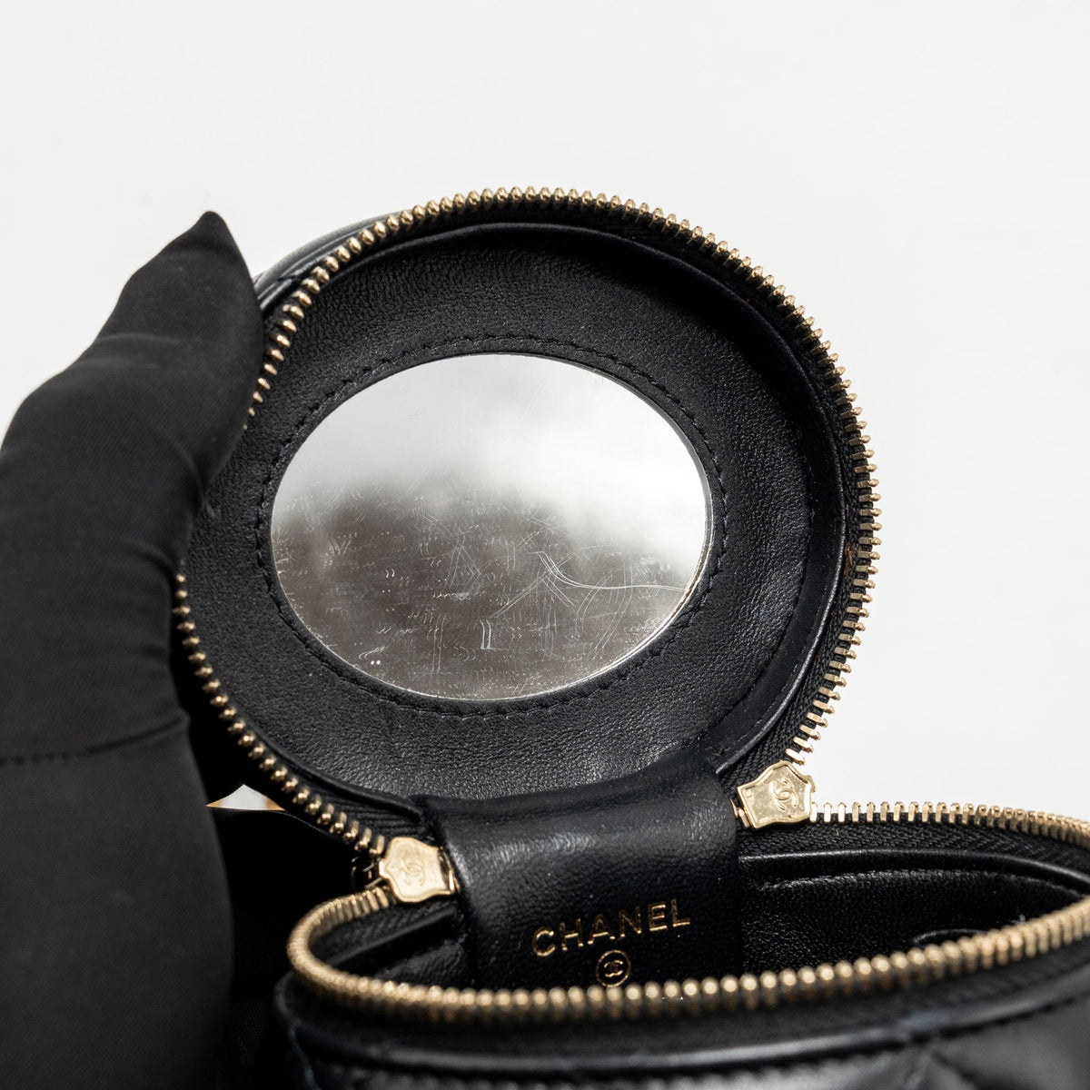 Chanel enamel top handle mini round vanity with chain lambskin black GHW (microchip)