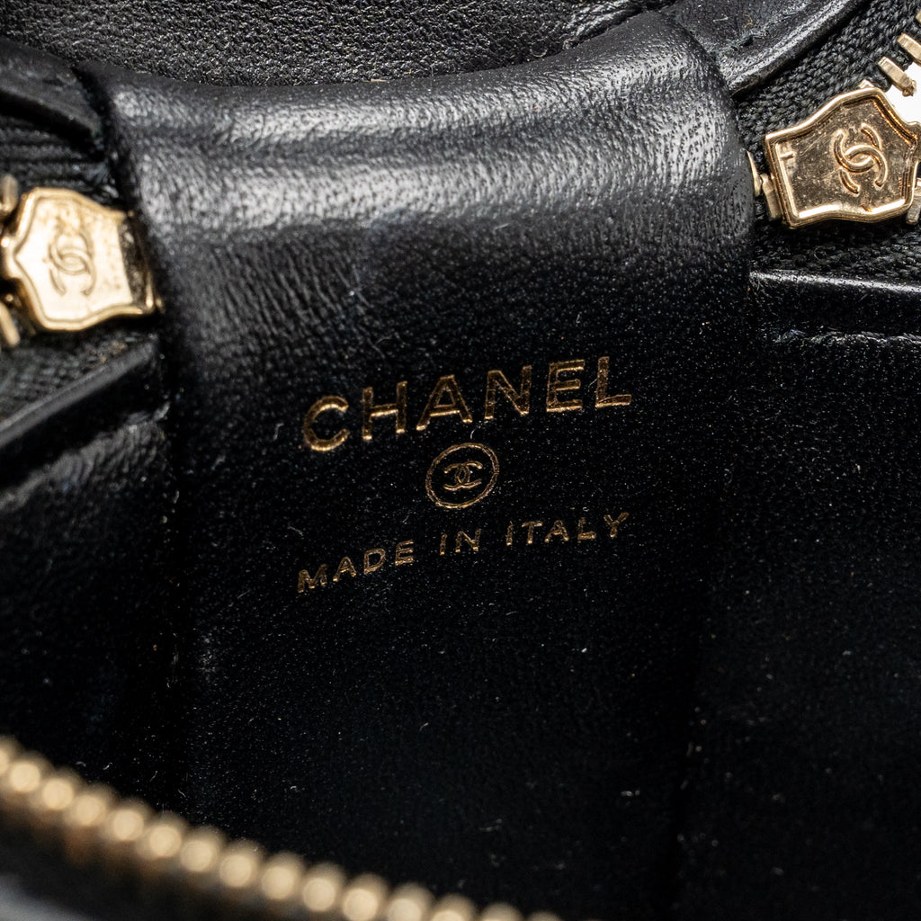 Chanel enamel top handle mini round vanity with chain lambskin black GHW (microchip)
