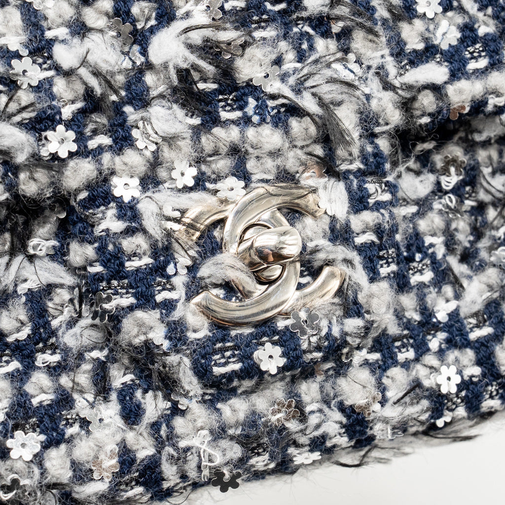 Chanel classic mini rectangular flap bag tweed/flower sequins navy/multicolour SHW (microchip)