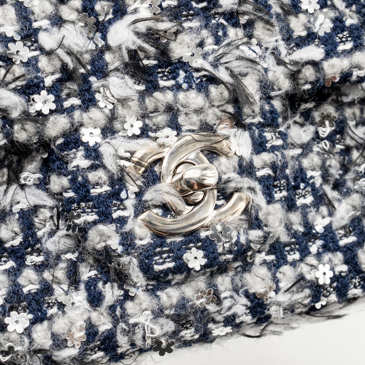 Chanel classic mini rectangular flap bag tweed/flower sequins navy/multicolour SHW (microchip)