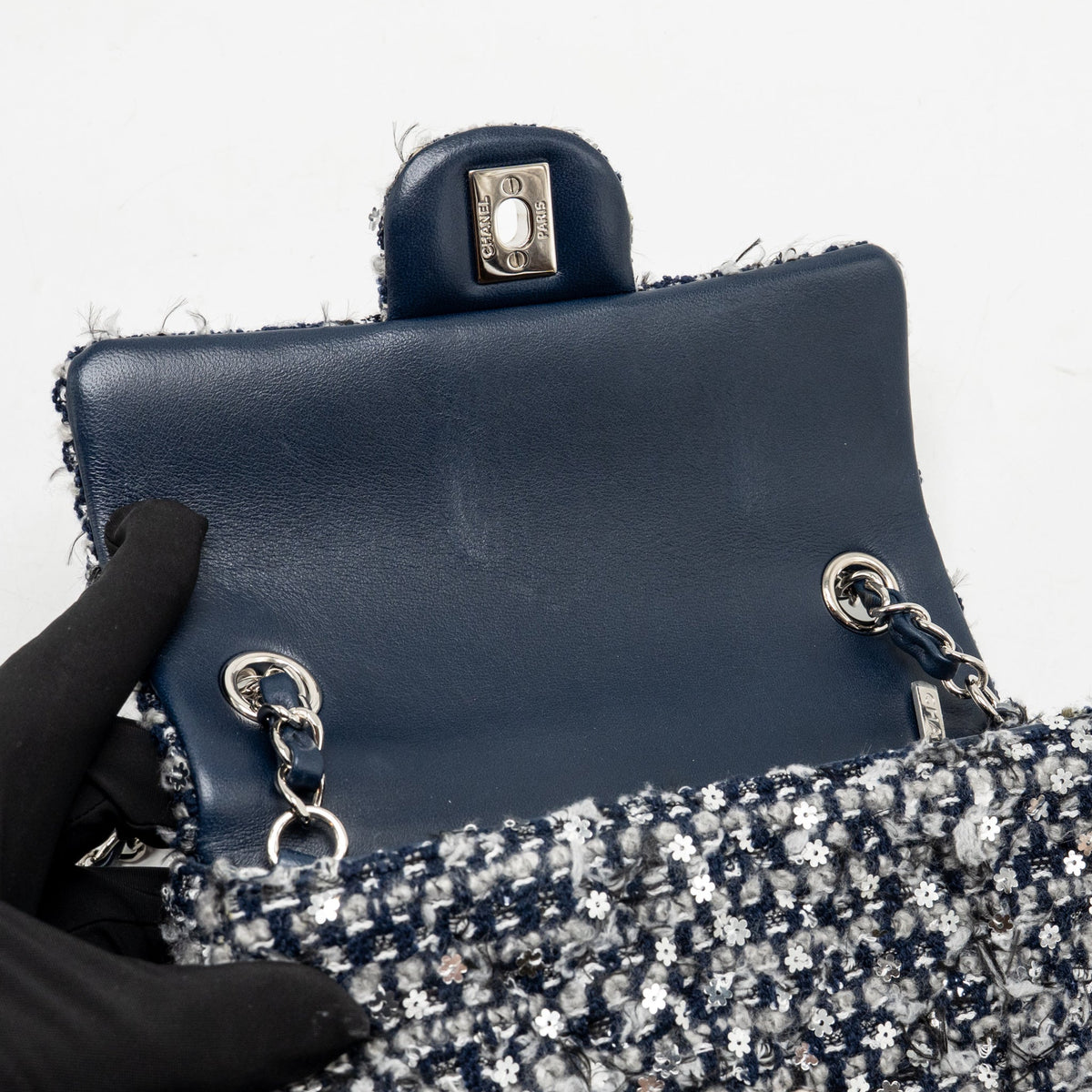 Chanel classic mini rectangular flap bag tweed/flower sequins navy/multicolour SHW (microchip)