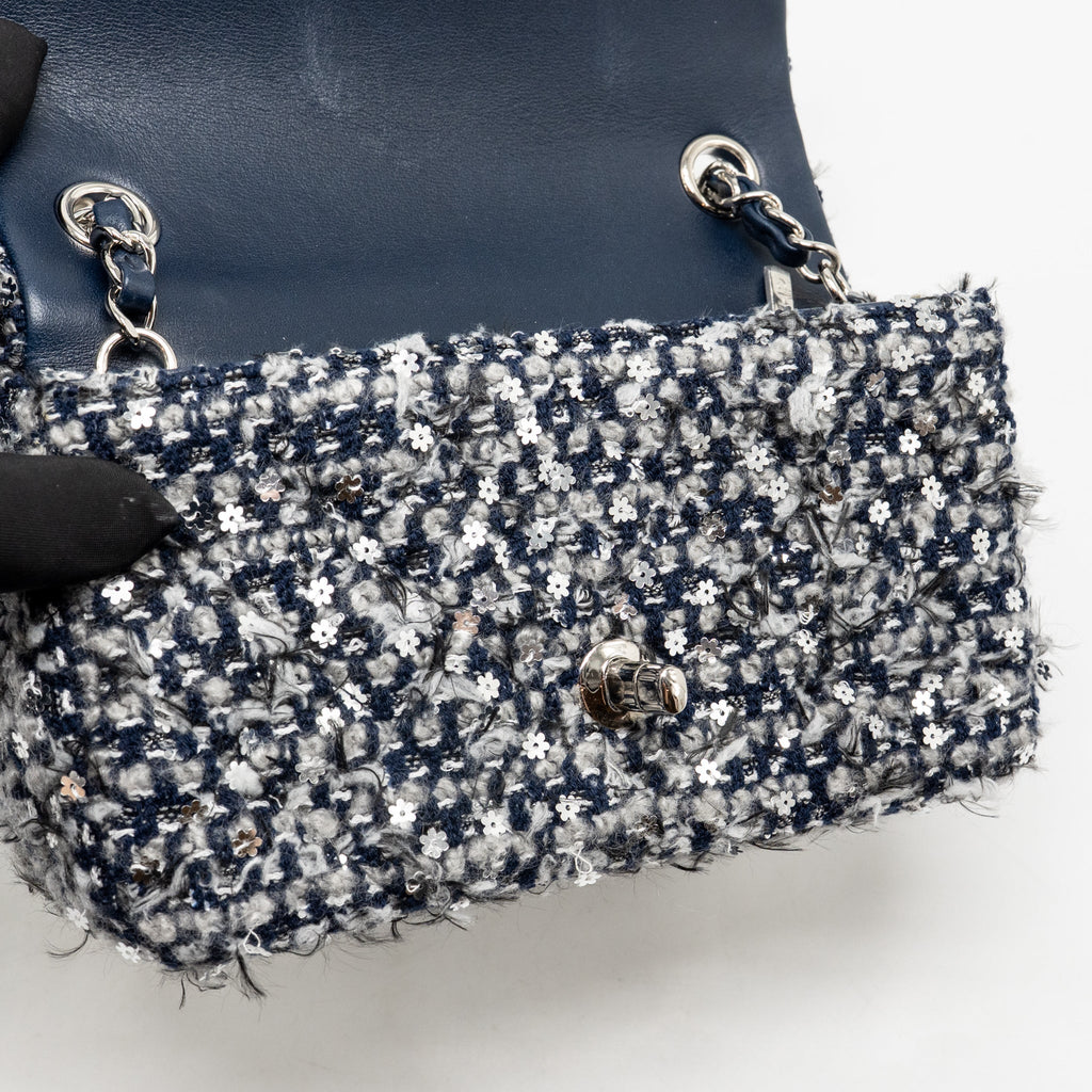 Chanel classic mini rectangular flap bag tweed/flower sequins navy/multicolour SHW (microchip)