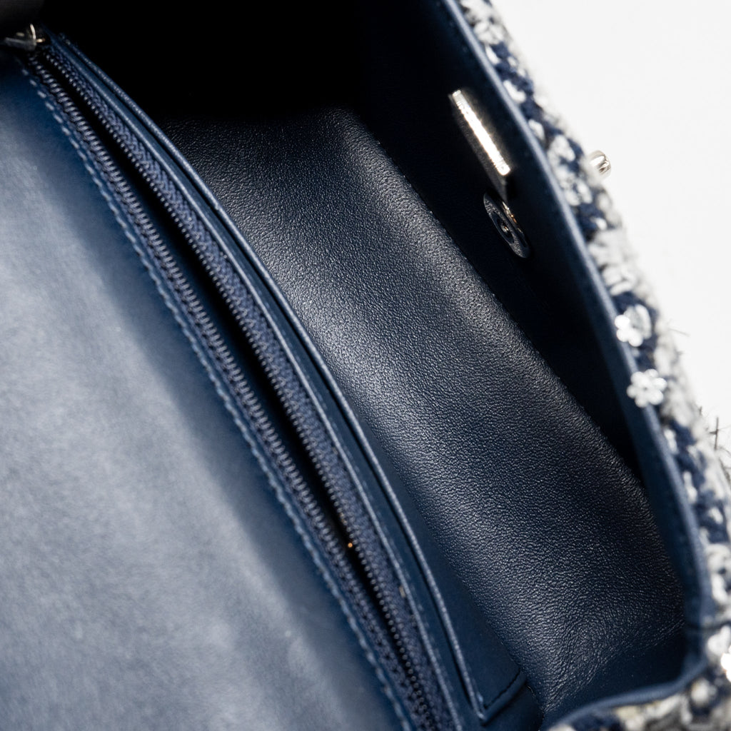 Chanel classic mini rectangular flap bag tweed/flower sequins navy/multicolour SHW (microchip)