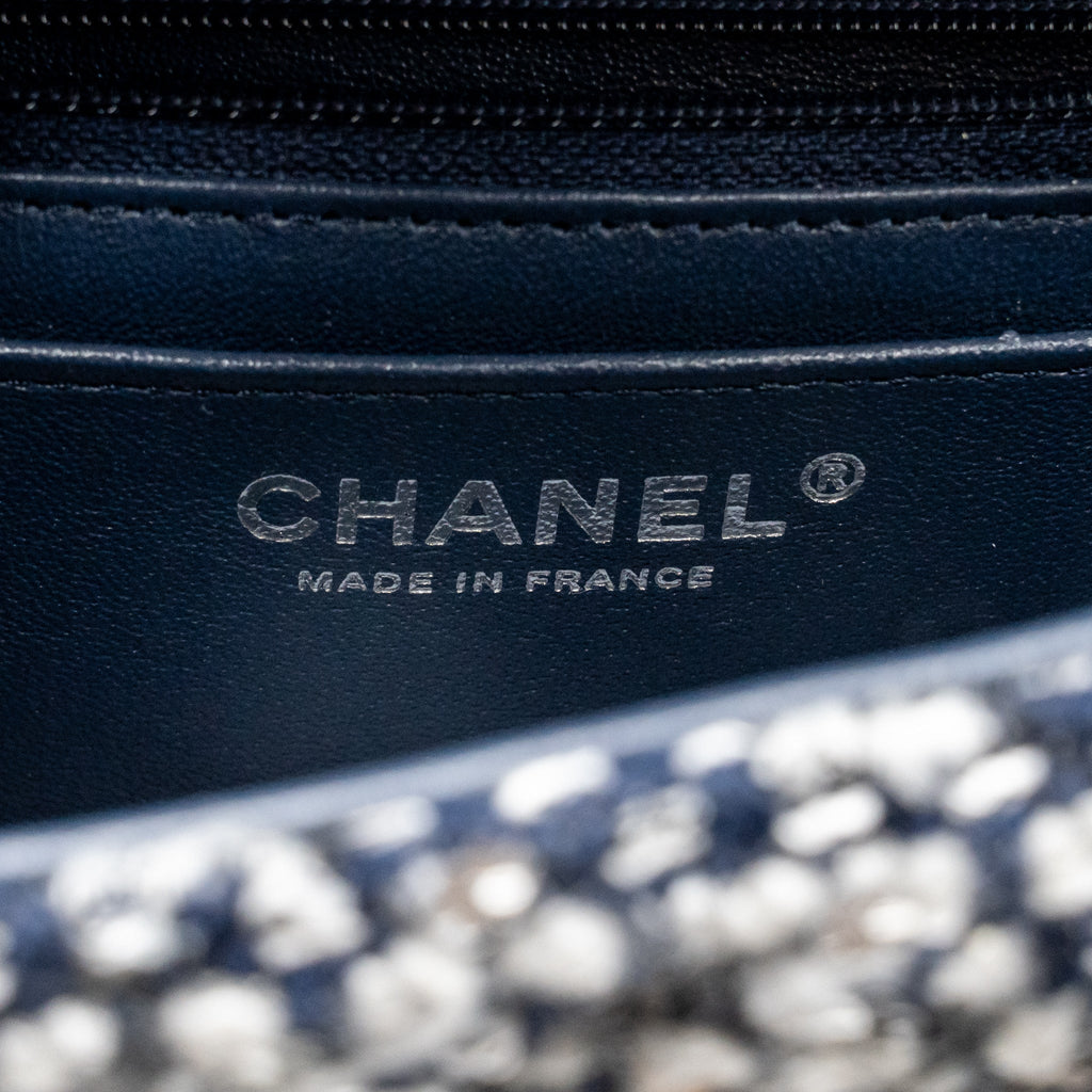 Chanel classic mini rectangular flap bag tweed/flower sequins navy/multicolour SHW (microchip)