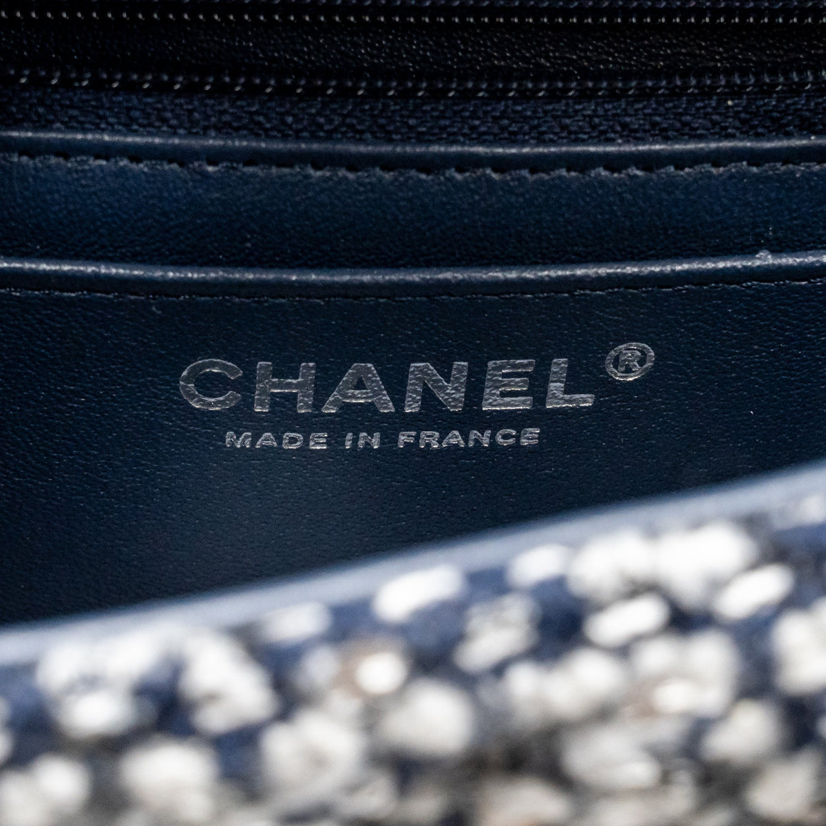 Chanel classic mini rectangular flap bag tweed/flower sequins navy/multicolour SHW (microchip)