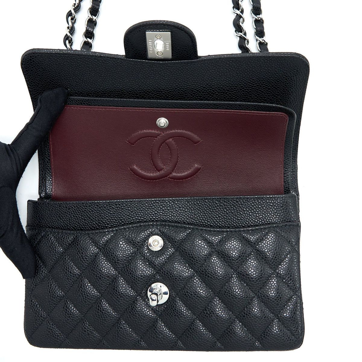 CHANEL SMALL CLASSIC DOUBLE FLAP BAG CAVIAR BLACK SHW (MICROCHIP)