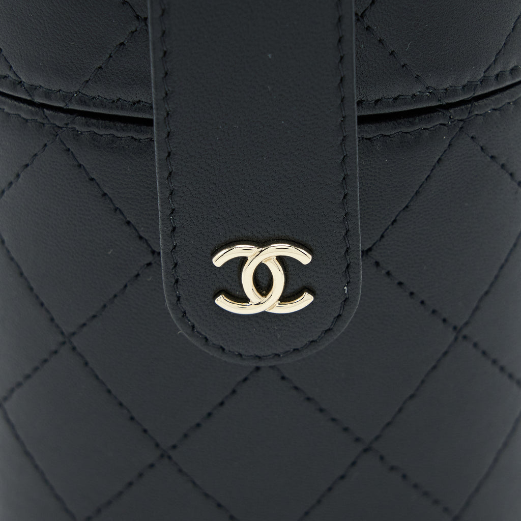 CHANEL ROUND VANITY CASE WITH CHAIN LAMBSKIN BLACK LGHW
