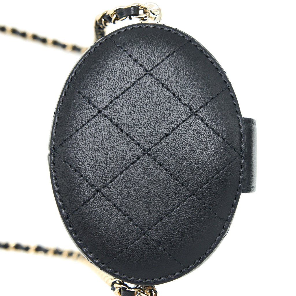 CHANEL ROUND VANITY CASE WITH CHAIN LAMBSKIN BLACK LGHW