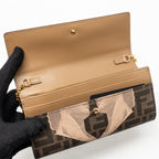 FENDI CONTINENTAL WALLET ON CHAIN FF FABRIC/CALFSKIN TOBACCO BROWN/BEIGE GHW