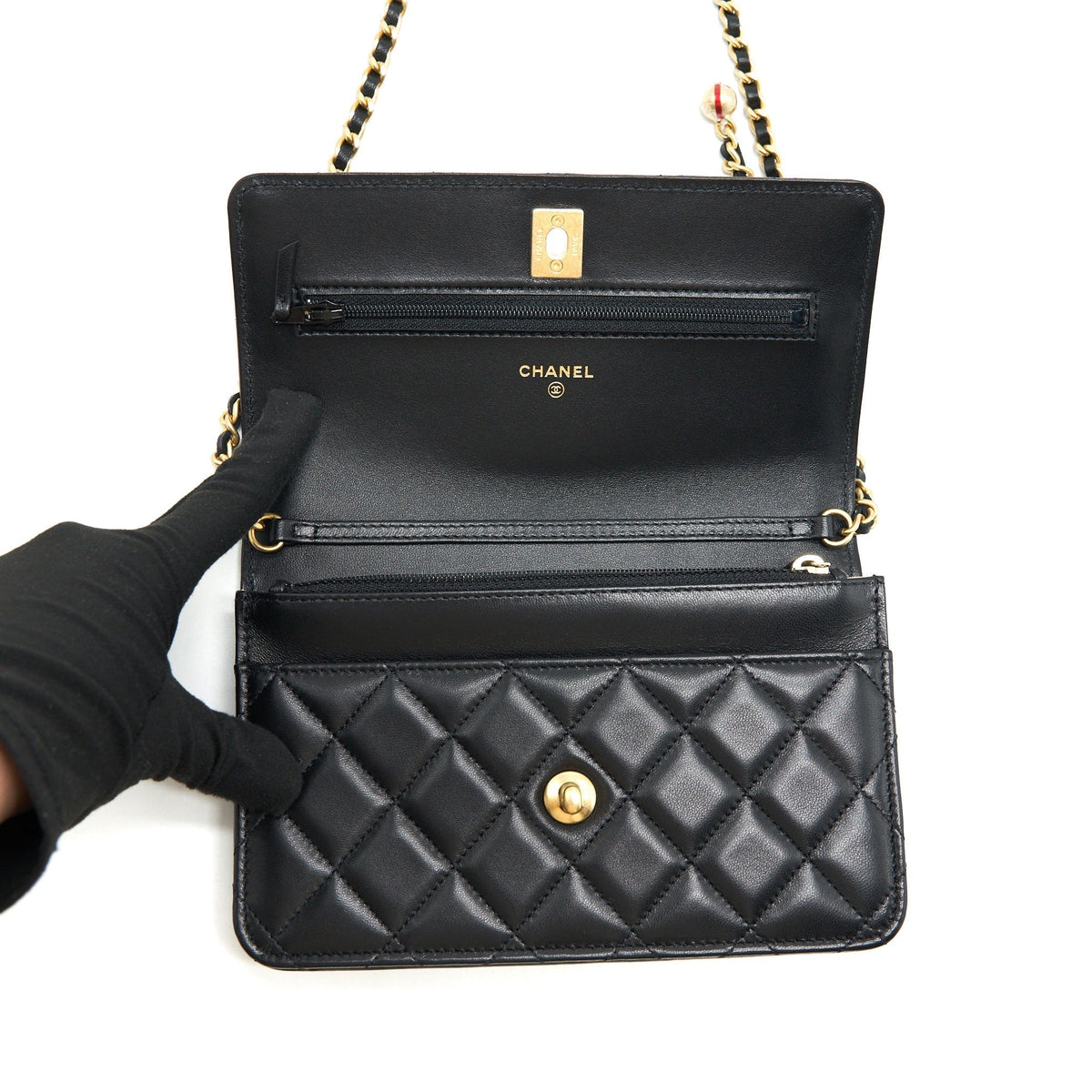 CHANEL PEARL CRUSH WALLET ON CHAIN LAMBSKIN BLACK GHW (MICROCHIP)