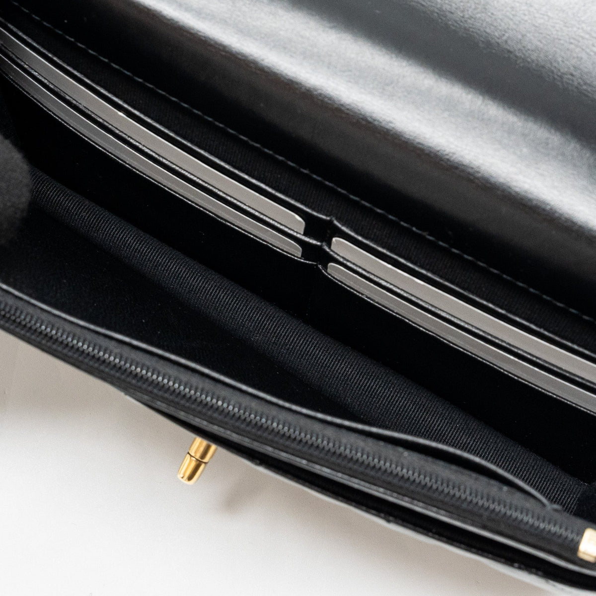 CHANEL LETTER LOGO TOP HANDLE FLAP WALLET ON CHAIN SHINY CALFSKIN BLACK GHW (MICROCHIP)