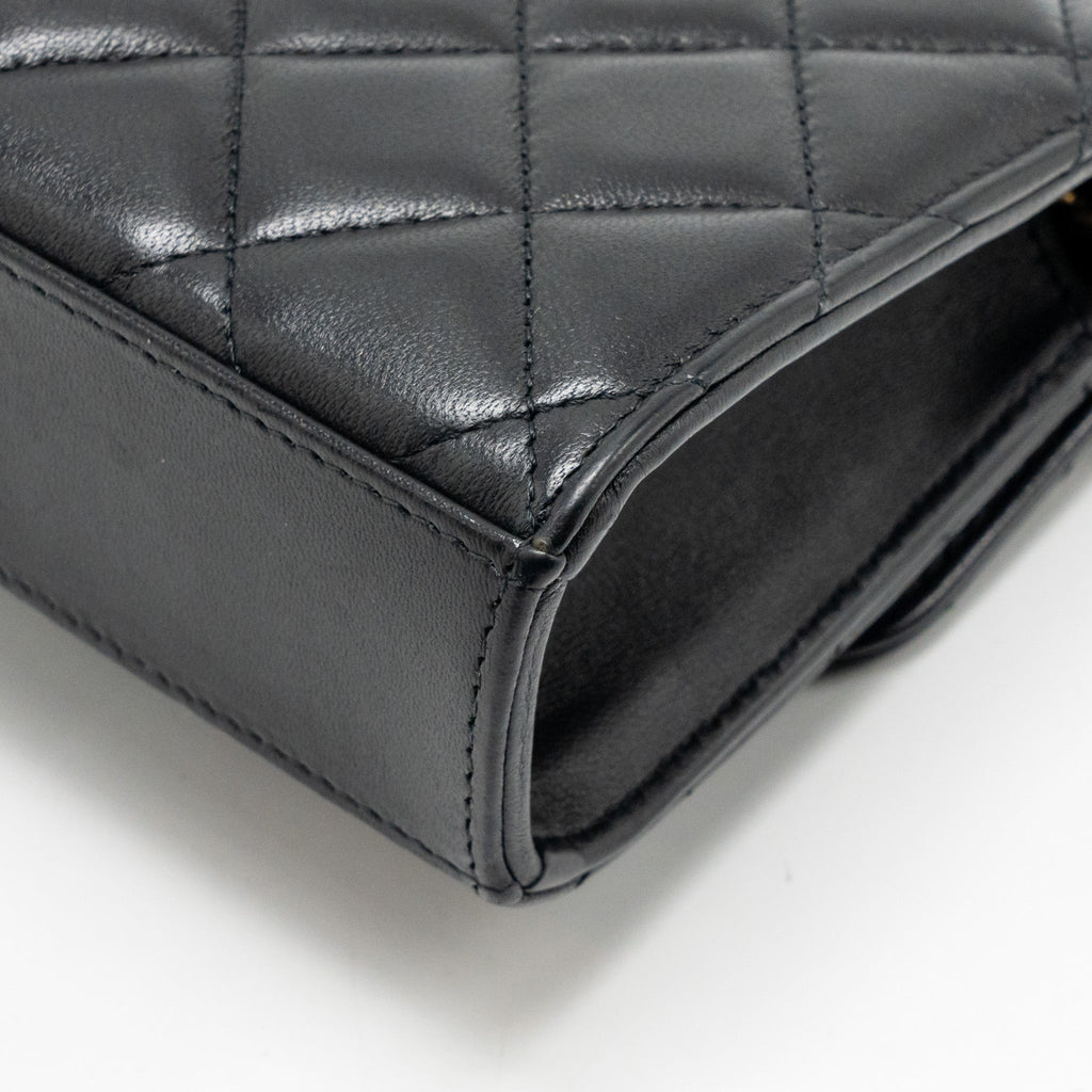 CHANEL TOP HANDLE MINI FLAP CLUTCH WITH CHAIN BLACK LAMBSKIN GHW (MICROCHIP)