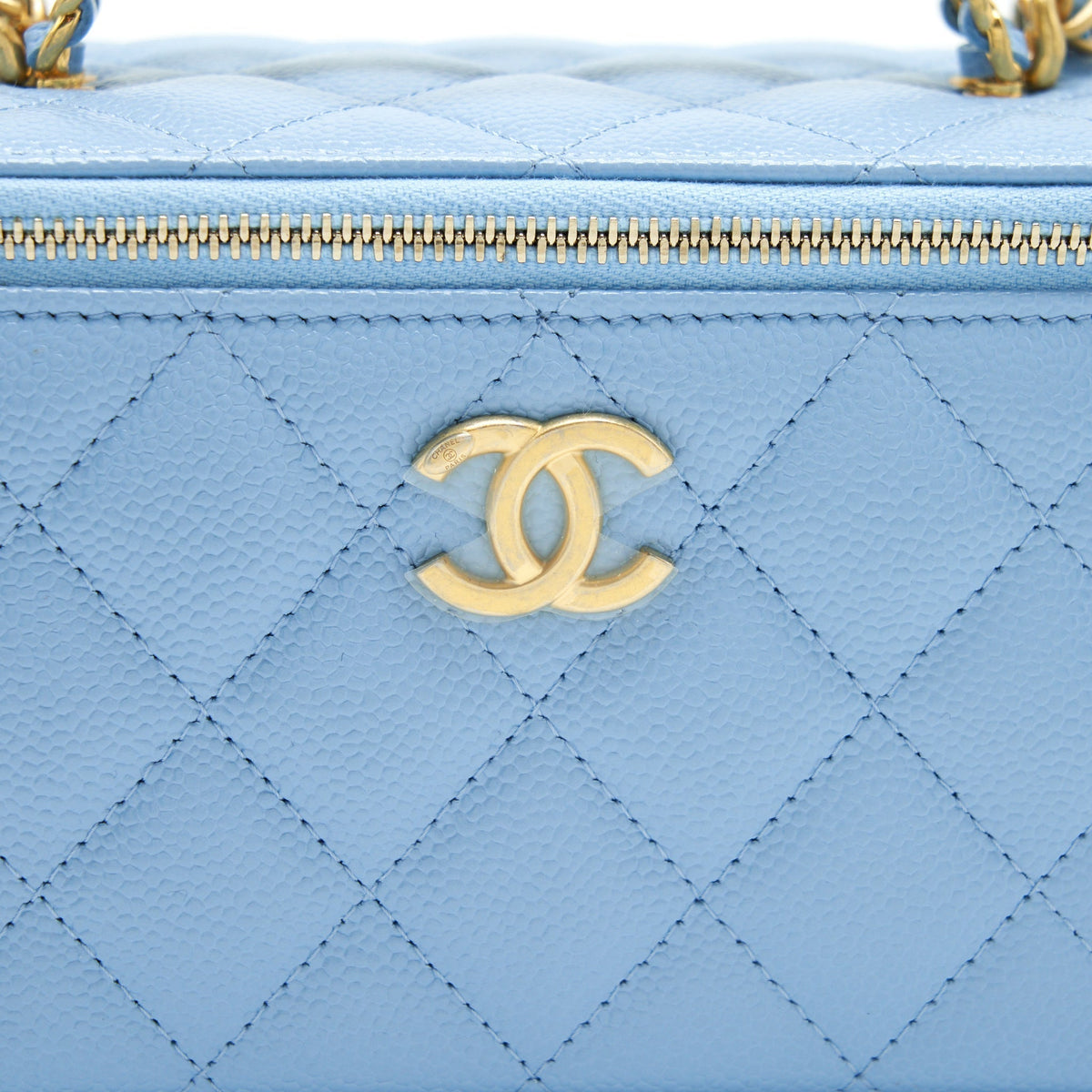 CHANEL 22S LETTER LOGO TOP HANDLE LONG VANITY WITH CHAIN CAVIAR LIGHT BLUE GHW