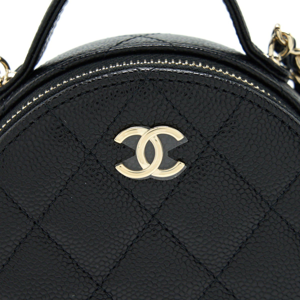 CHANEL 22C TOP HANDLE MINI ROUND VANITY ON CHAIN CAVIAR BLACK LGHW