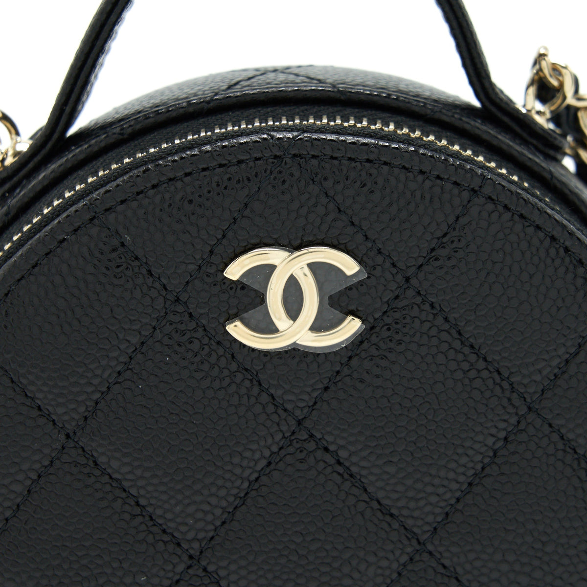 CHANEL 22C TOP HANDLE ROUND VANITY BLACK WITH CHAIN CAVIAR LGHW