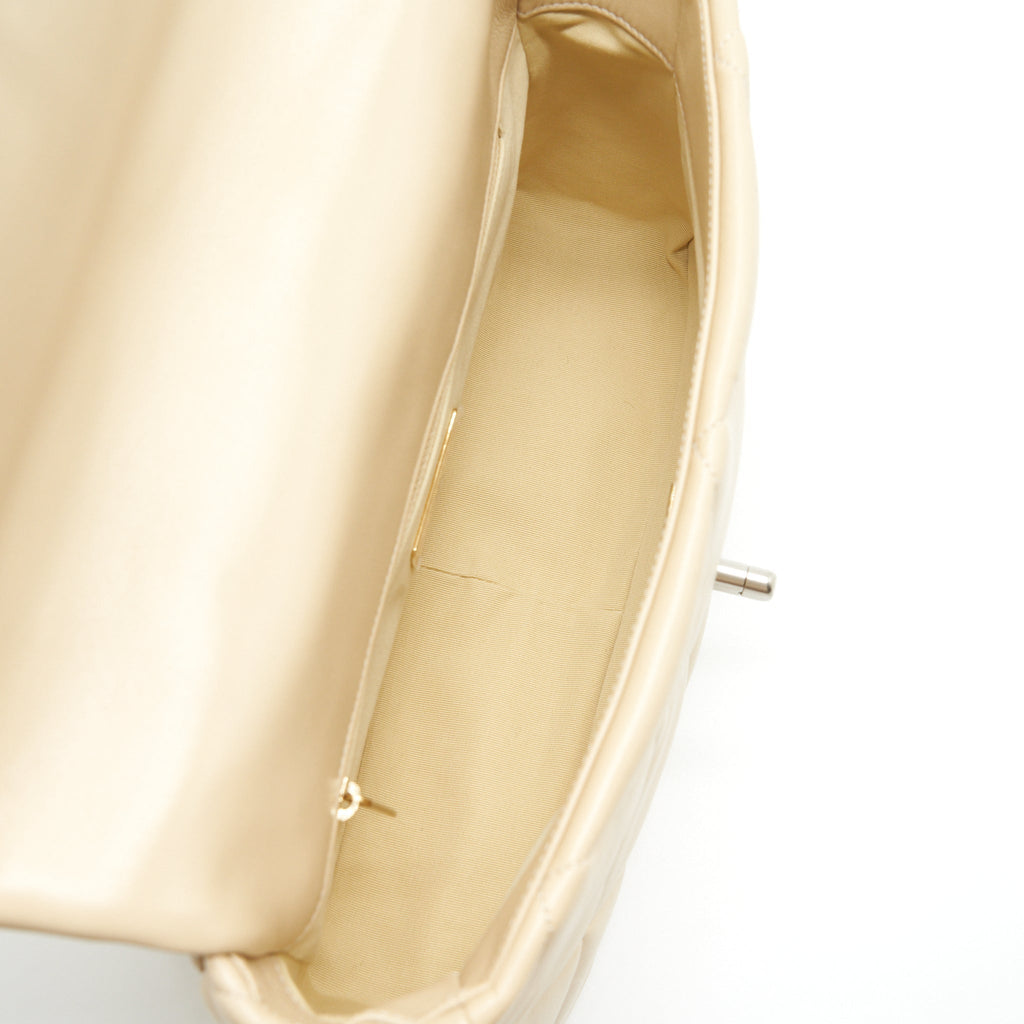 CHANEL MEDIUM 19 BAG QUILTED GOATSKIN LEATHER LIGHT BEIGE GOLD/SILVER HARDWARE (MICROCHIP)