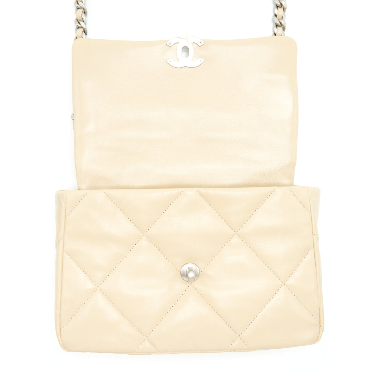 CHANEL MEDIUM 19 BAG QUILTED GOATSKIN LEATHER LIGHT BEIGE GOLD/SILVER HARDWARE (MICROCHIP)