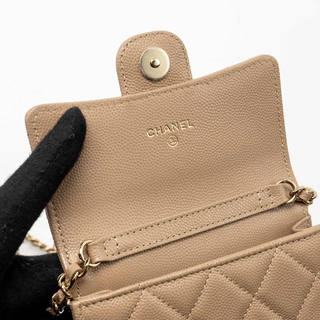 CHANEL MINI FLAP CLUTCH WITH CHAIN CAVIAR DARK BEIGE LGHW (MICROCHIP)