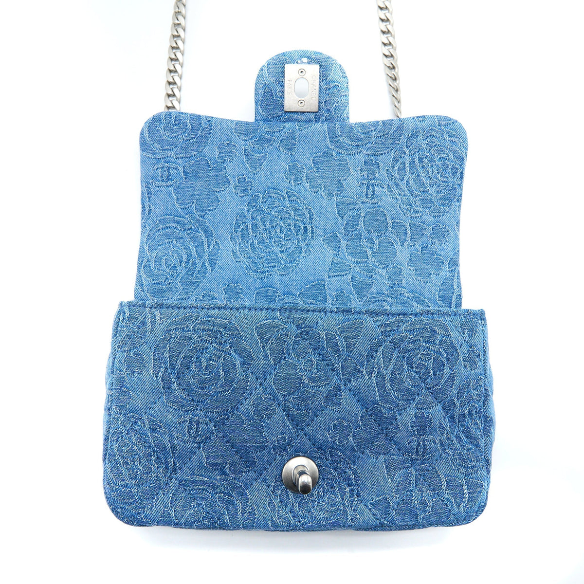 CHANEL COCO LOVE FLAP BAG CAMELLIA DENIM BLUE SHW (MICROCHIP)