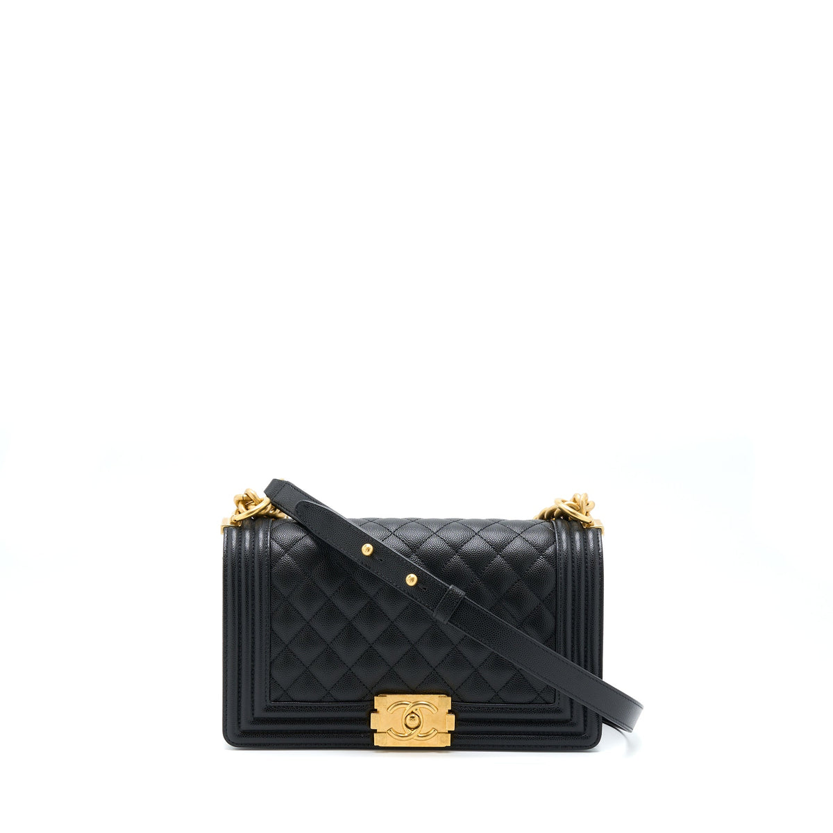 CHANEL MEDIUM BOY CAVIAR BLACK BRUSHED GOLD HARDWARE(MICROCHIP)