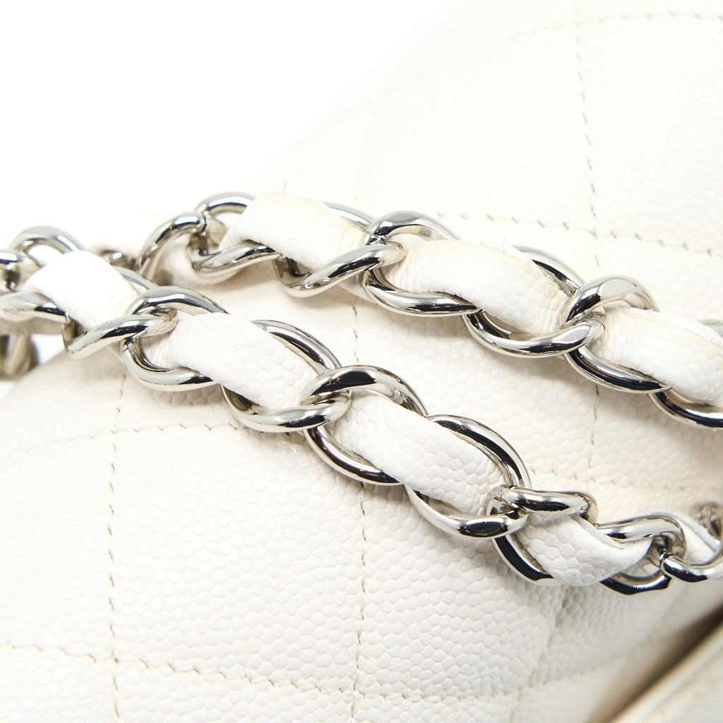 CHANEL MEDIUM CLASSIC DOUBLE FLAP BAG CAVIAR WHITE SHW (MICROCHIP)