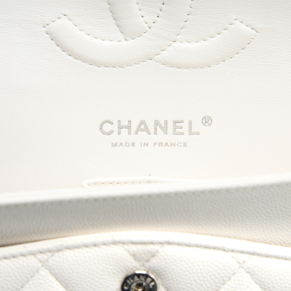 CHANEL MEDIUM CLASSIC DOUBLE FLAP BAG CAVIAR WHITE SHW (MICROCHIP)