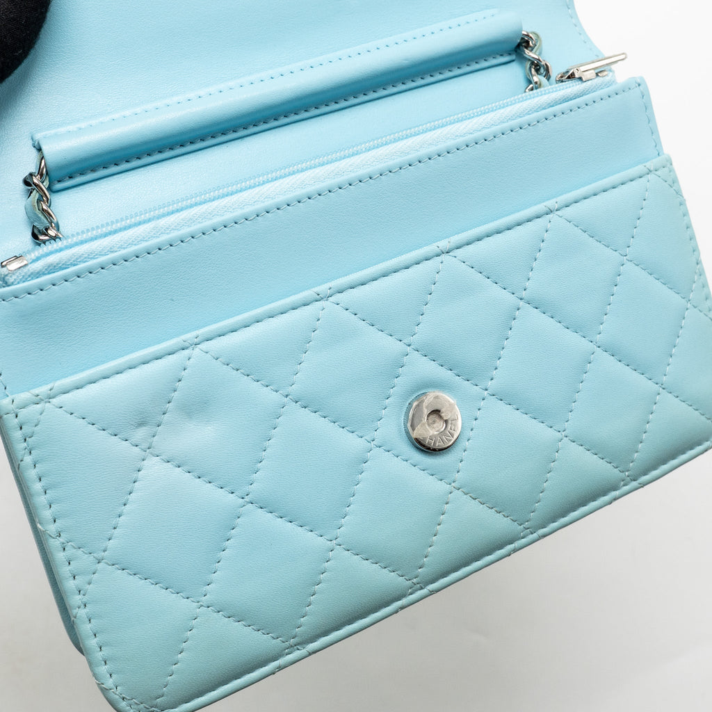 CHANEL CLASSIC WALLET ON CHAIN LAMBSKIN LIGHT BLUE SHW