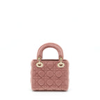 DIOR MINI LADY DIOR VELVET PINK WITH CRYSTAL LIGHT GOLD HARDWARE