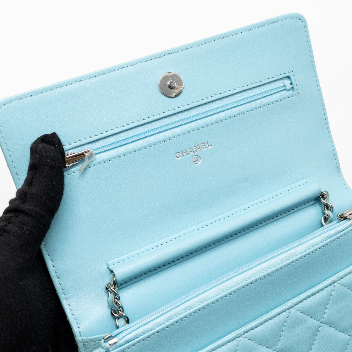 CHANEL CLASSIC WALLET ON CHAIN LAMBSKIN LIGHT BLUE SHW