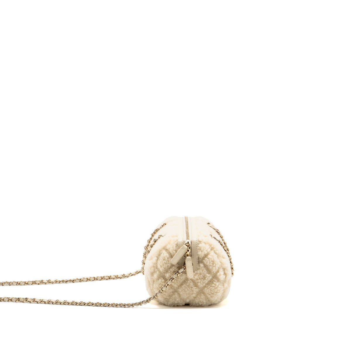 Chanel Quilted Barrel Clutch with Chain Shearling Ivory LGHW (Microchip)