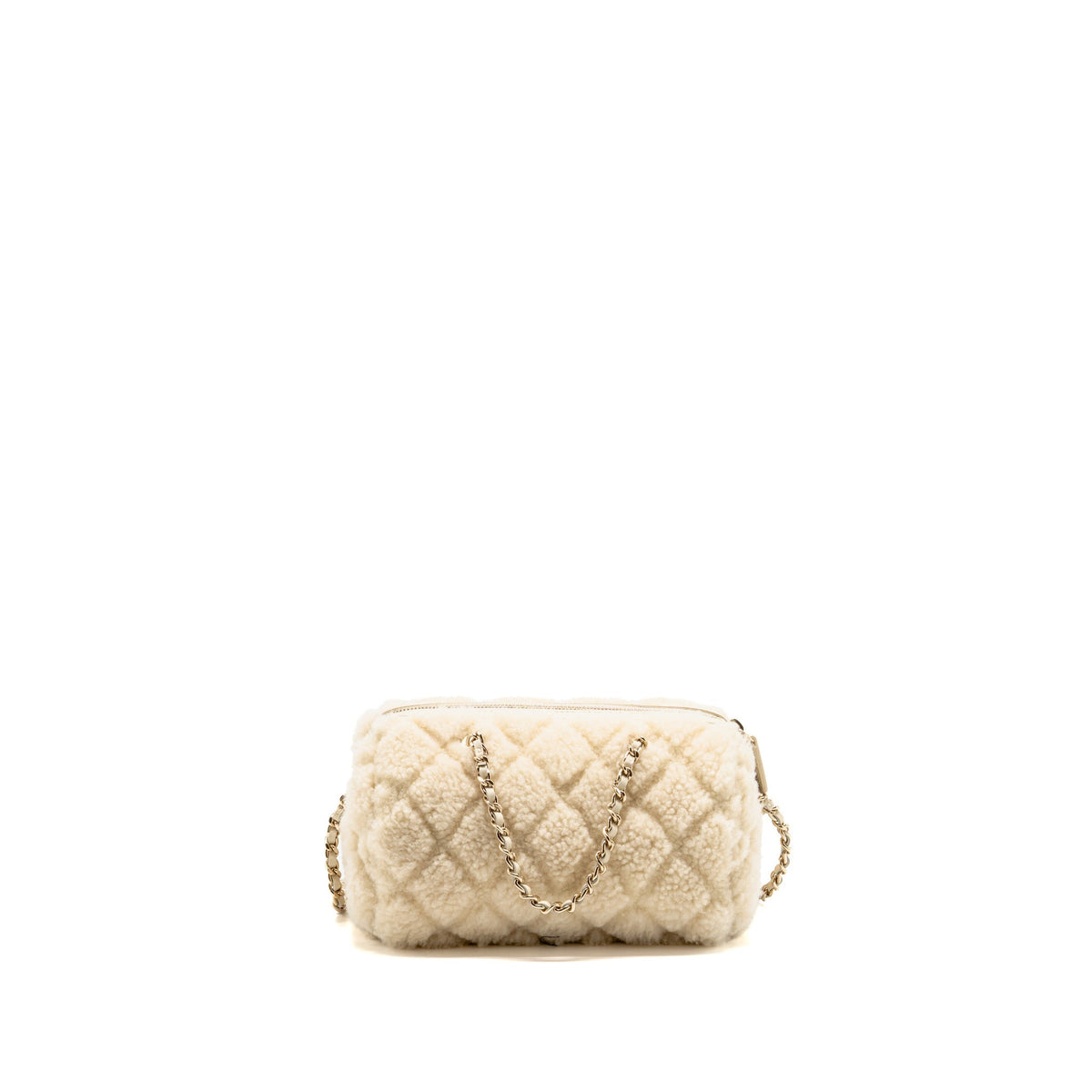 Chanel Quilted Barrel Clutch with Chain Shearling Ivory LGHW (Microchip)
