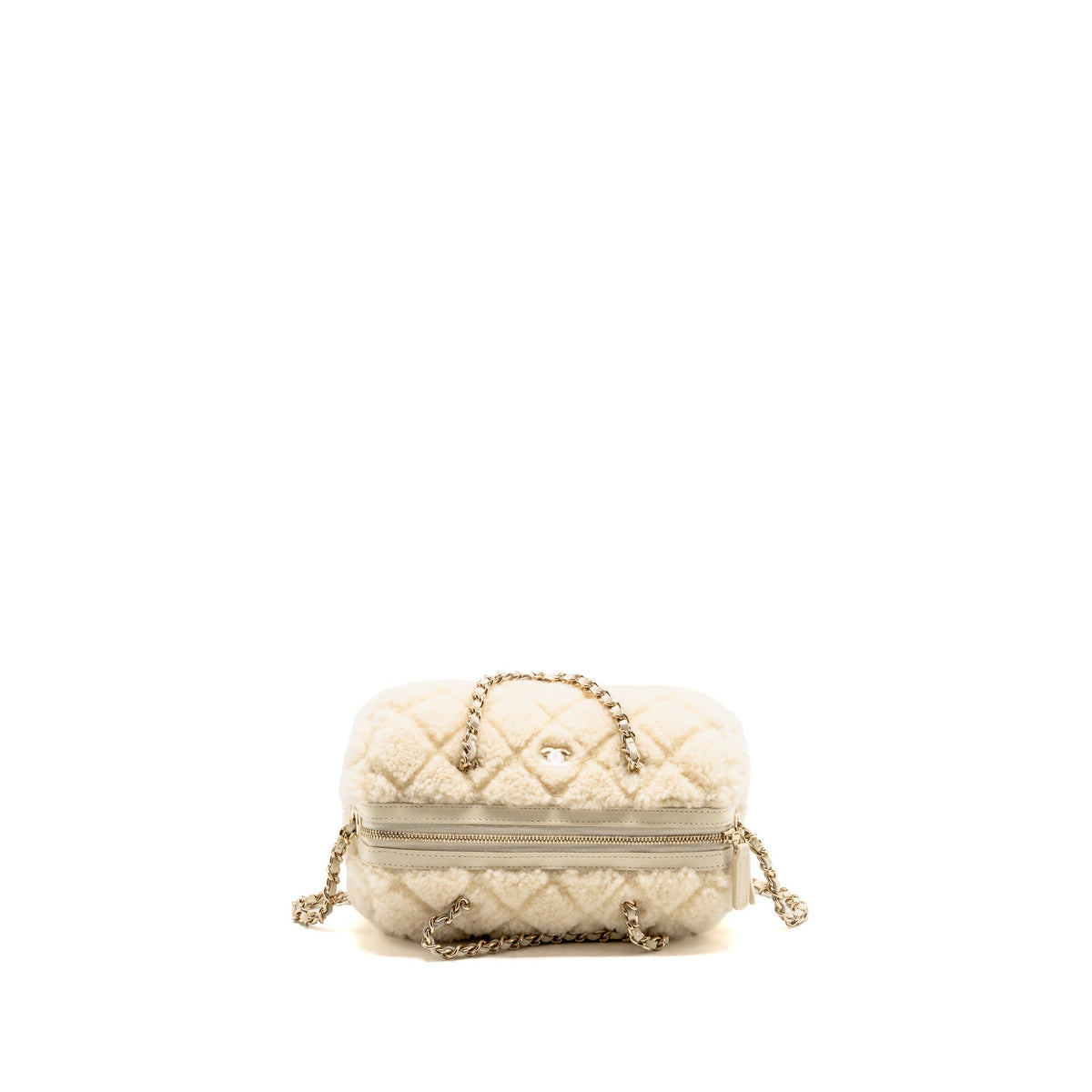 Chanel Quilted Barrel Clutch with Chain Shearling Ivory LGHW (Microchip)