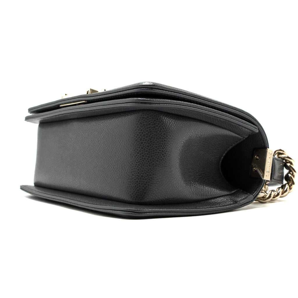 CHANEL SMALL BOY BAG CAVIAR GREY LGHW (MICROCHIP)