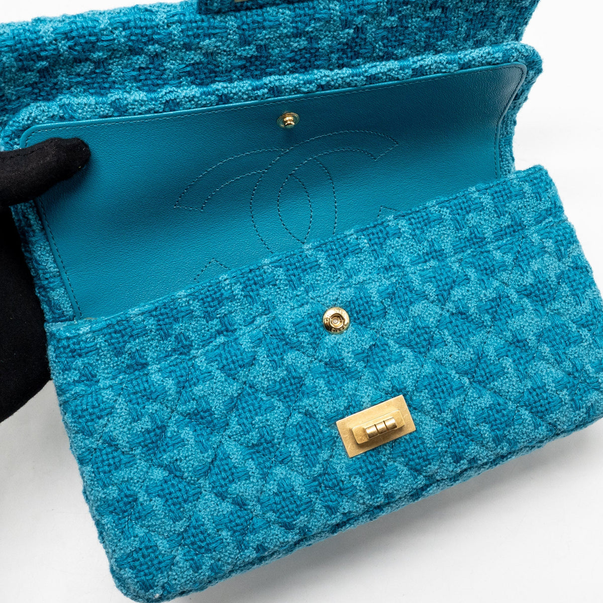 Chanel 19K Small 2.55 Reissue Flap Bag Tweed Turquoise GHW