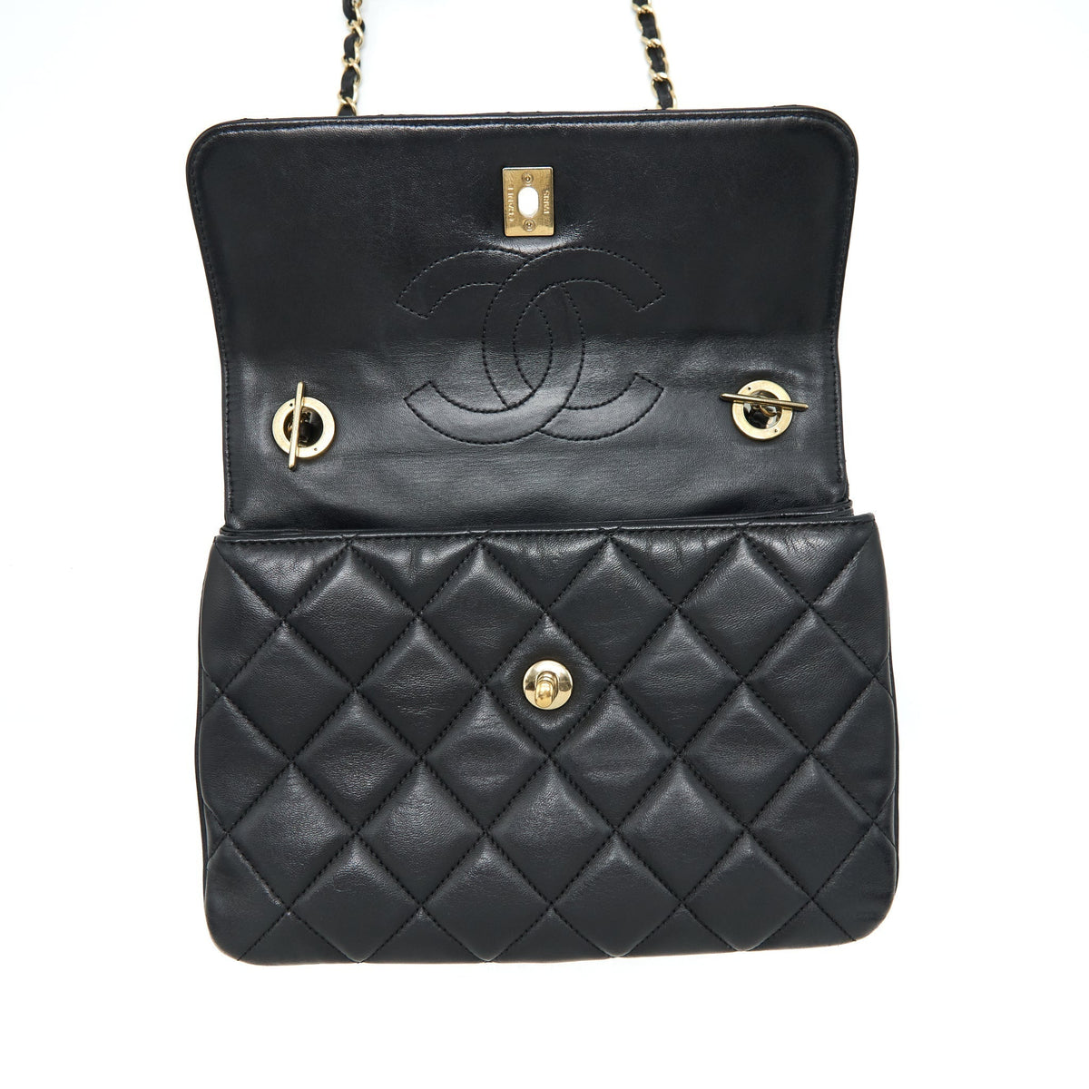 CHANEL SMALL TRENDY CC FLAP BAG WITH TOP HANDLE LAMBSKIN BLACK LGHW