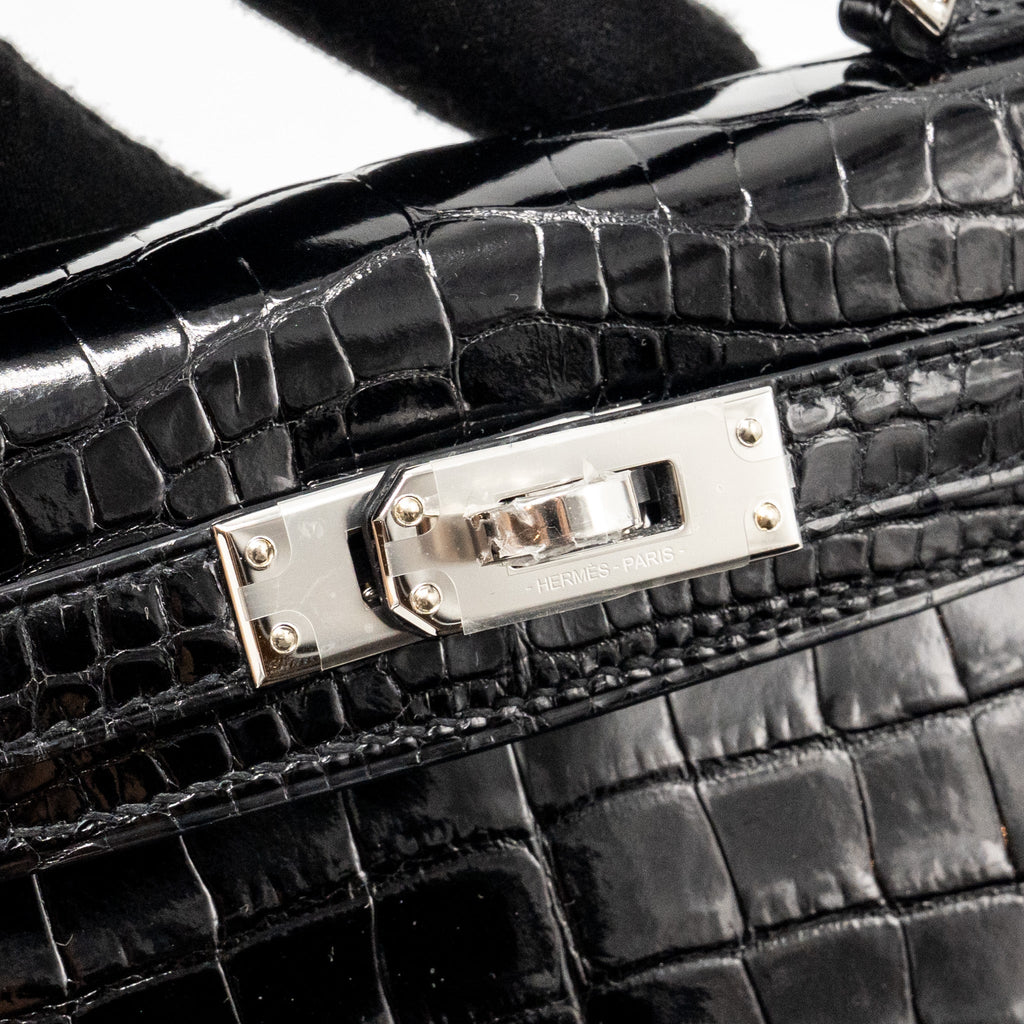Hermes Mini Kelly II Shiny Alligator Mississippiensis Black SHW