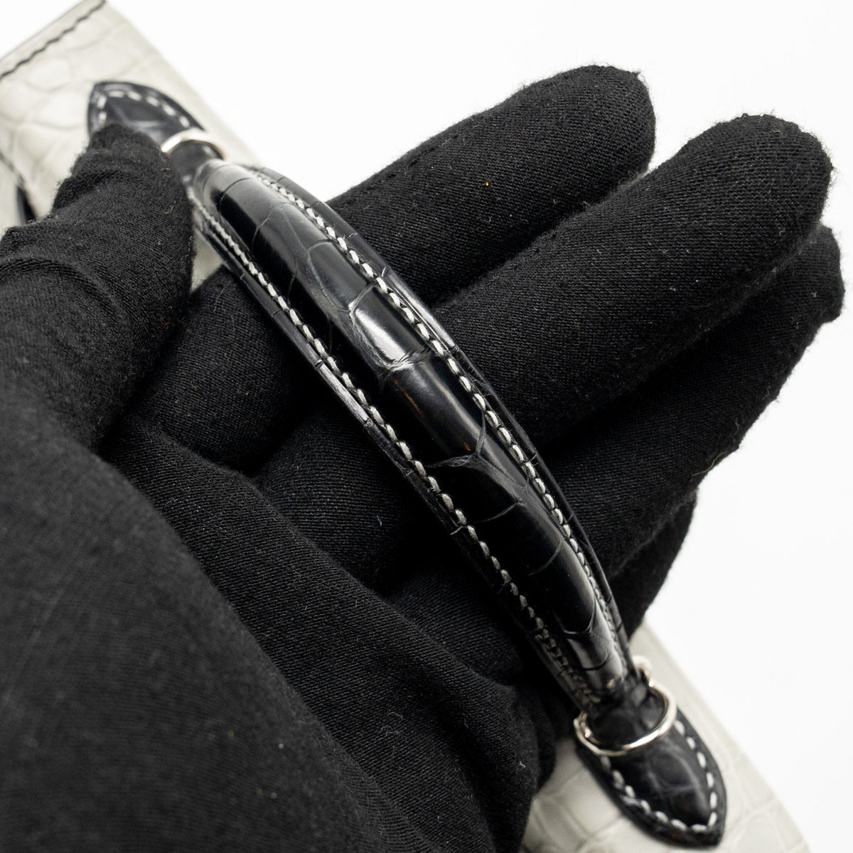Hermes Mini Kelly II Alligator Mississippiensis Matt Gris Perle / black SHW